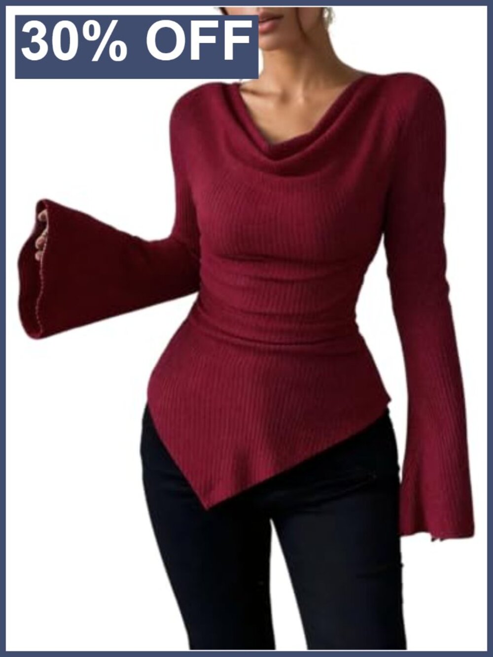 Long Sleeve Cowl Neck Bell Sleeve Ribbed Knit Top Asymmetrical Hem Slim Fit